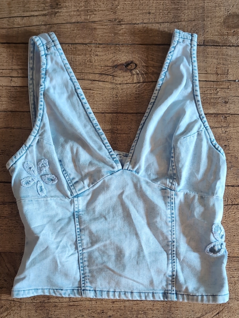 Medium Altar'd Light Blue Denim Crop V-Neck Top
